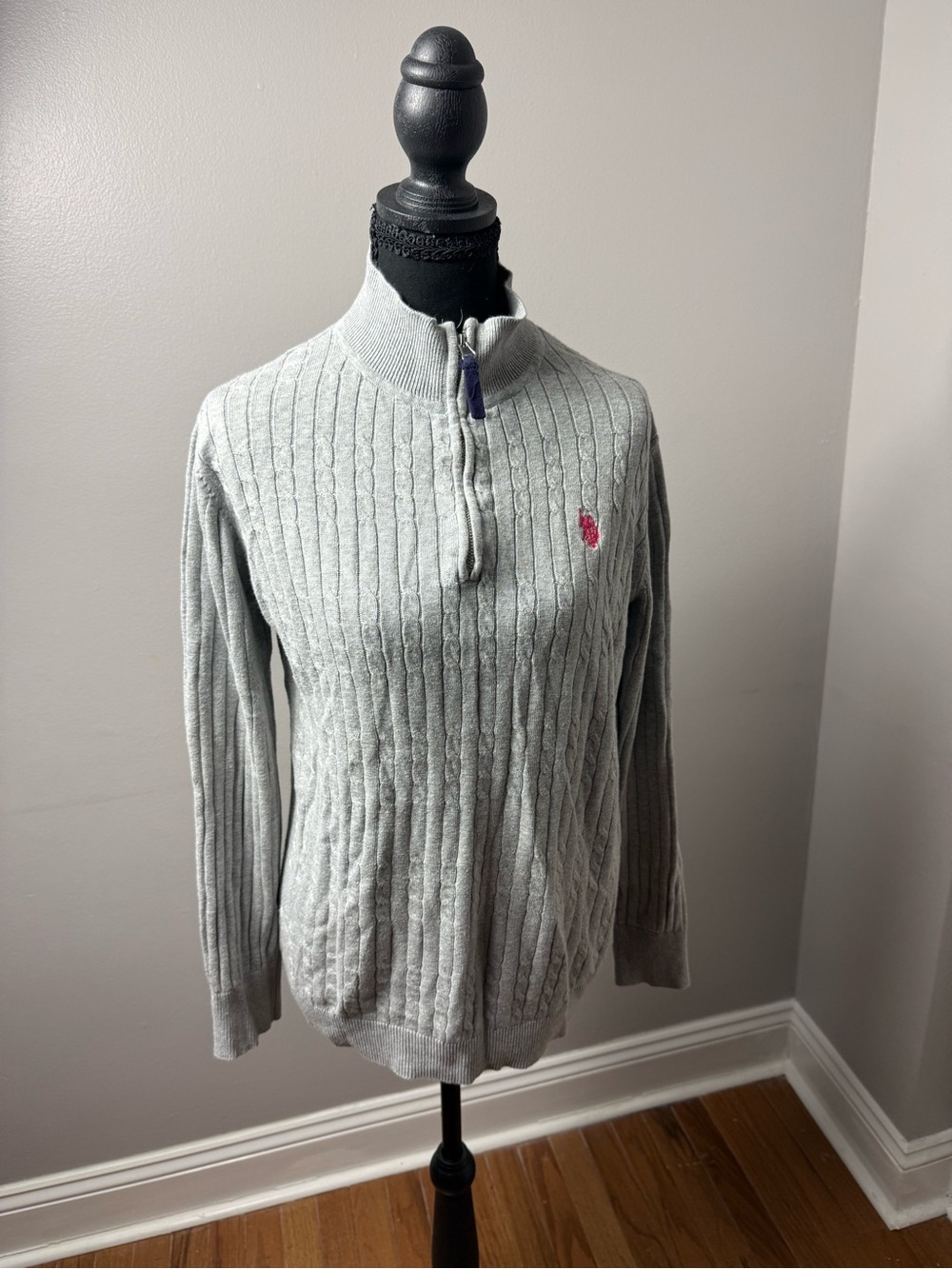 Ralph Lauren Light Gray Cable-Knit Quarter-Zip Turtleneck Sweater
